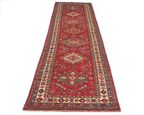 11 Feet Red Kazak Afghan Hand Knotted Wool Runner Rug